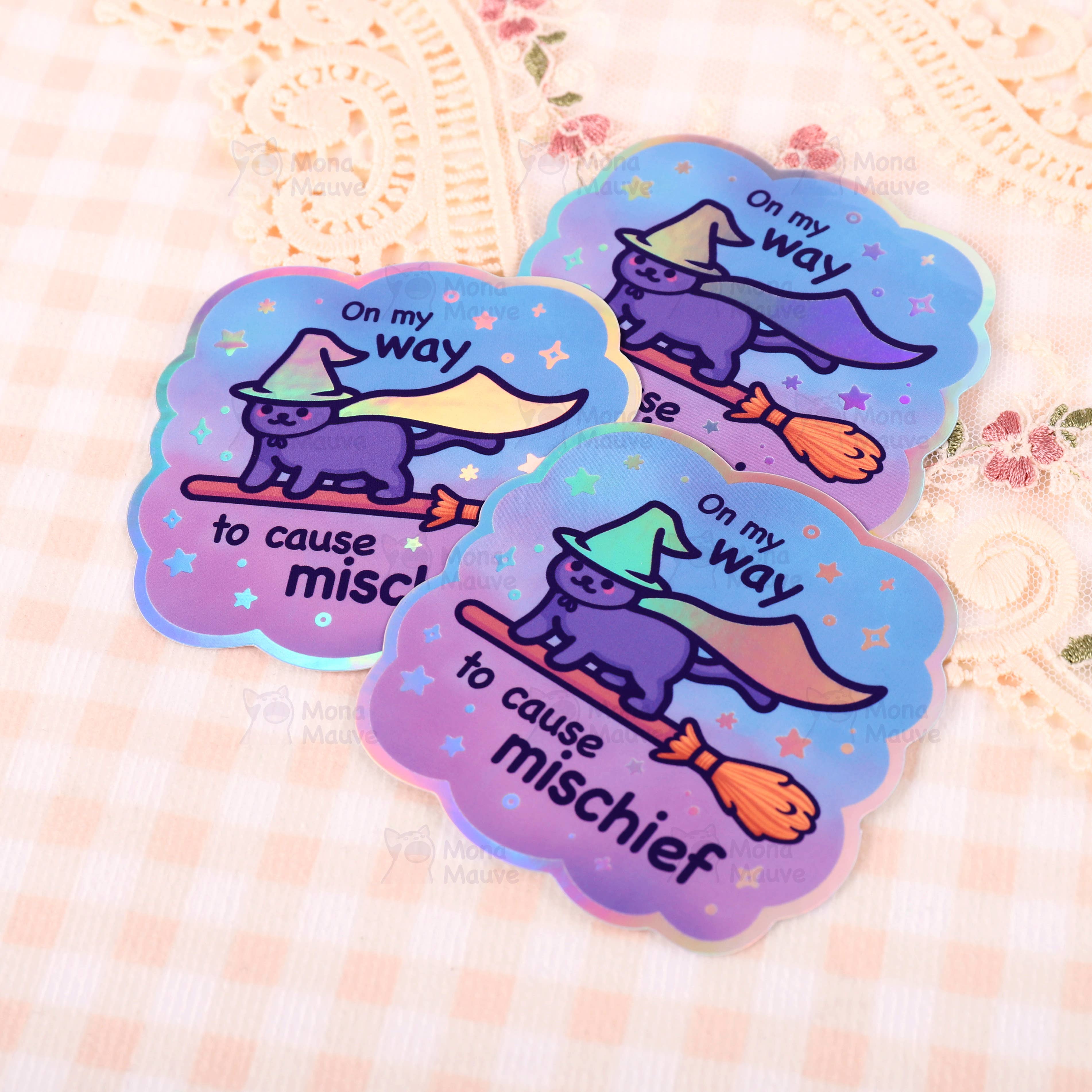 On My Way to Cause Mischief! | Holographic Vinyl Cat Sticker