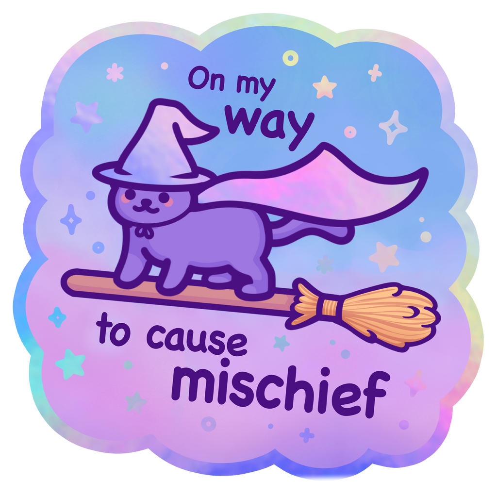 On My Way to Cause Mischief! | Holographic Vinyl Cat Sticker